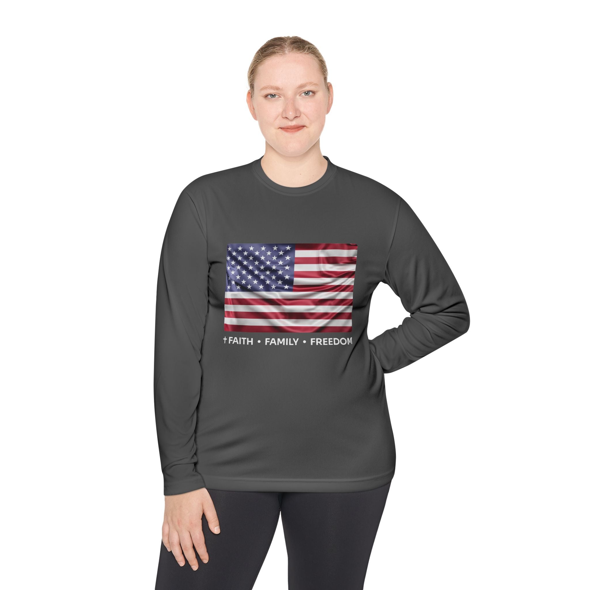 Faith*Family*Freedom Patriotic Long Sleeve Tee, Lightweight USA Flag Shirt, Unisex Tee for Independence Day, Memorial Day, Casual Wear, Gift for Flag Day