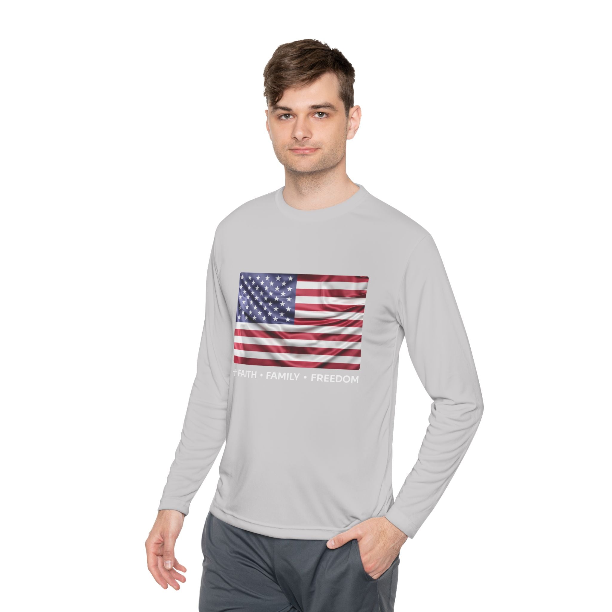 Faith*Family*Freedom Patriotic Long Sleeve Tee, Lightweight USA Flag Shirt, Unisex Tee for Independence Day, Memorial Day, Casual Wear, Gift for Flag Day