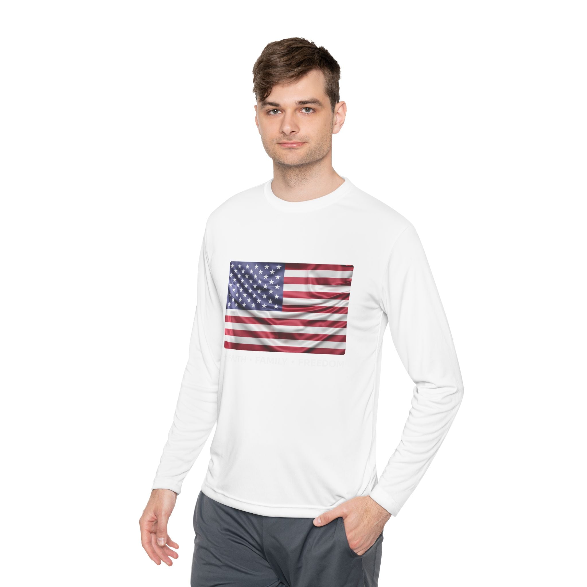 Faith*Family*Freedom Patriotic Long Sleeve Tee, Lightweight USA Flag Shirt, Unisex Tee for Independence Day, Memorial Day, Casual Wear, Gift for Flag Day