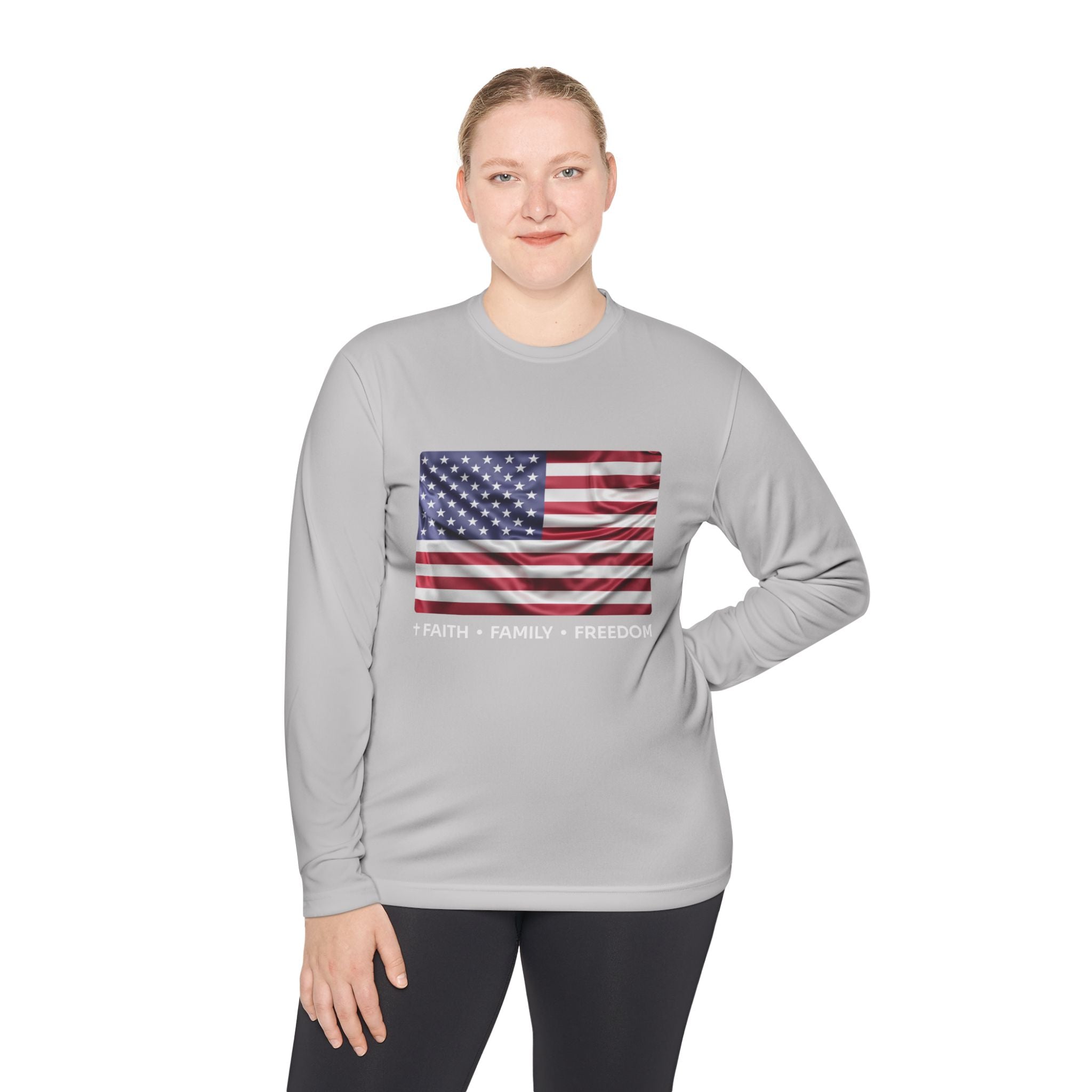 Faith*Family*Freedom Patriotic Long Sleeve Tee, Lightweight USA Flag Shirt, Unisex Tee for Independence Day, Memorial Day, Casual Wear, Gift for Flag Day