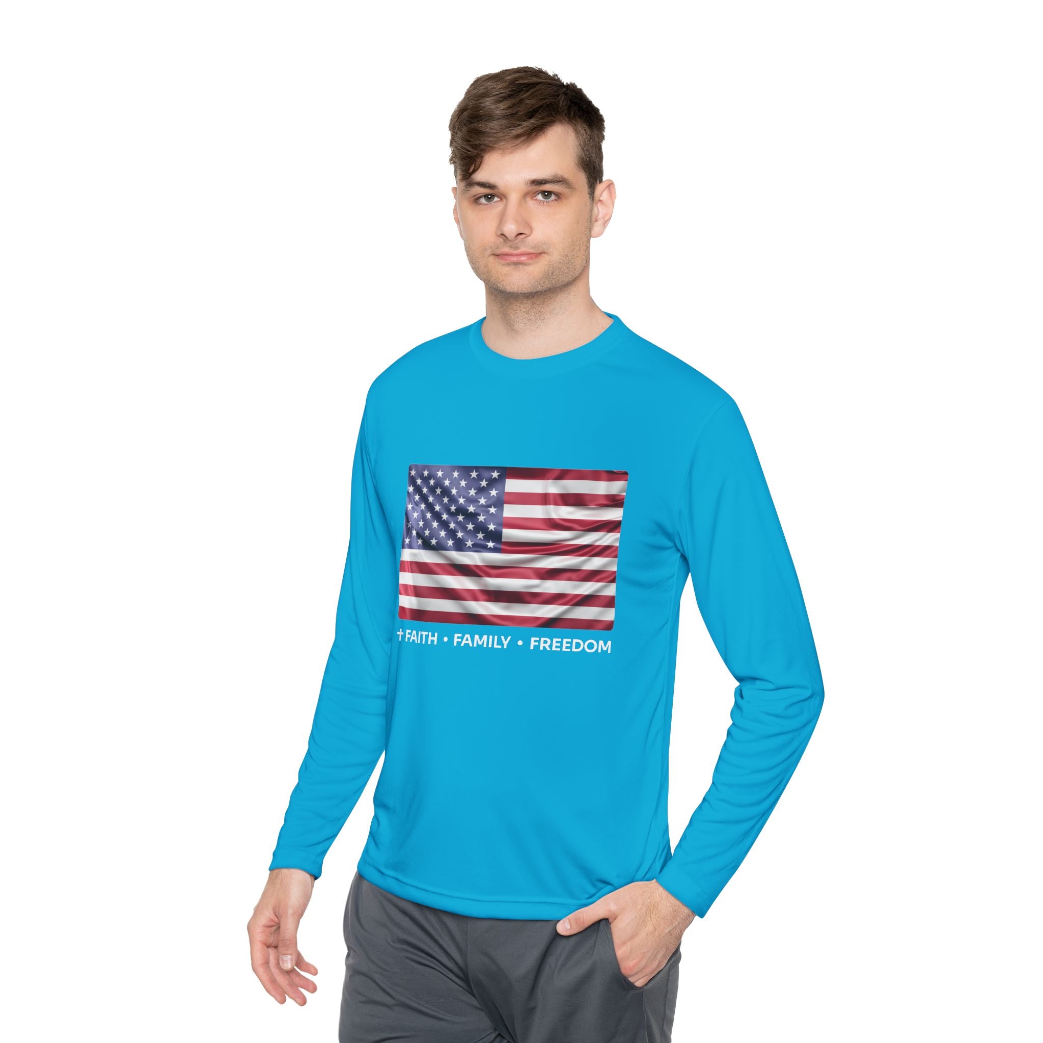 Faith*Family*Freedom Patriotic Long Sleeve Tee, Lightweight USA Flag Shirt, Unisex Tee for Independence Day, Memorial Day, Casual Wear, Gift for Flag Day