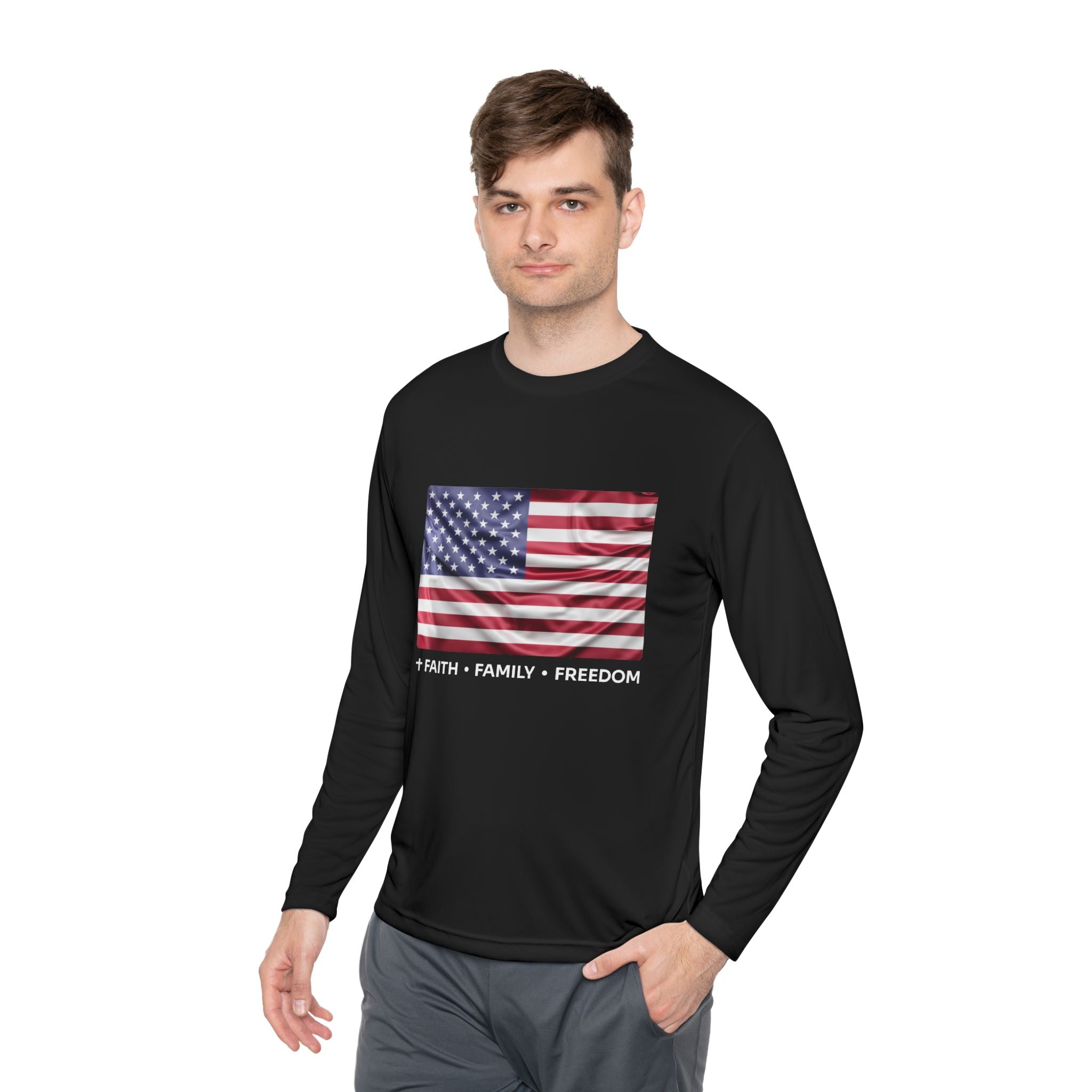 Faith*Family*Freedom Patriotic Long Sleeve Tee, Lightweight USA Flag Shirt, Unisex Tee for Independence Day, Memorial Day, Casual Wear, Gift for Flag Day