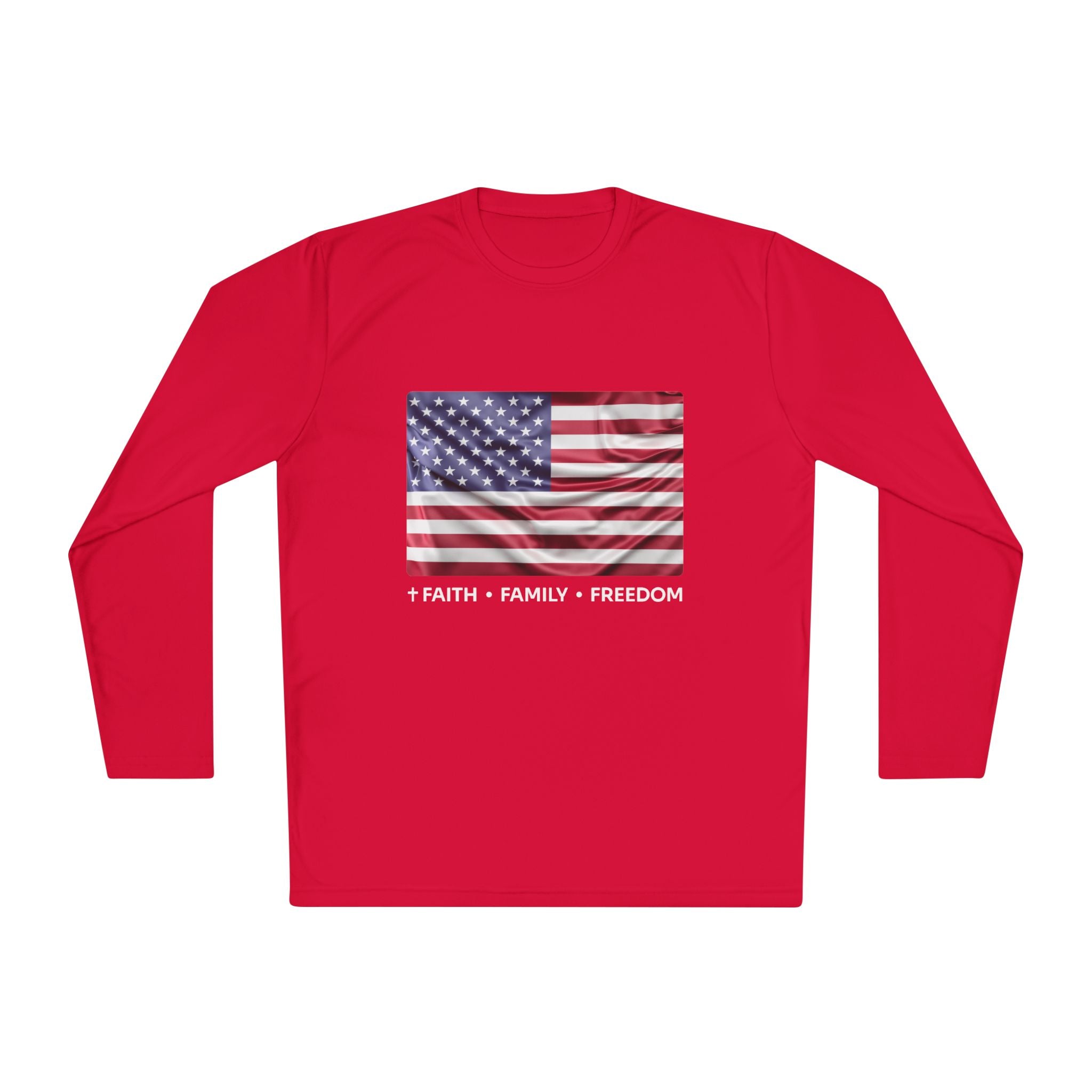 Faith*Family*Freedom Patriotic Long Sleeve Tee, Lightweight USA Flag Shirt, Unisex Tee for Independence Day, Memorial Day, Casual Wear, Gift for Flag Day