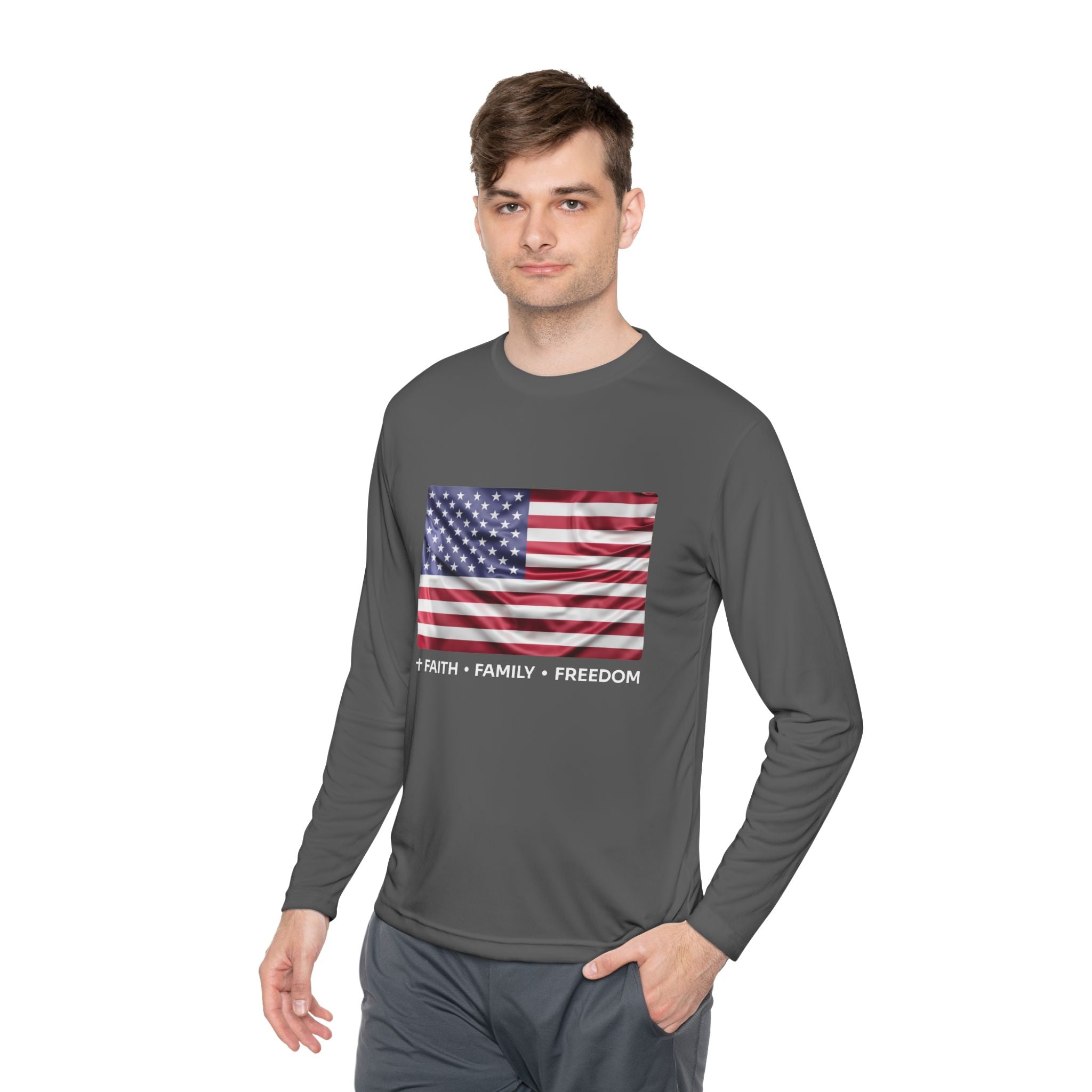 Faith*Family*Freedom Patriotic Long Sleeve Tee, Lightweight USA Flag Shirt, Unisex Tee for Independence Day, Memorial Day, Casual Wear, Gift for Flag Day