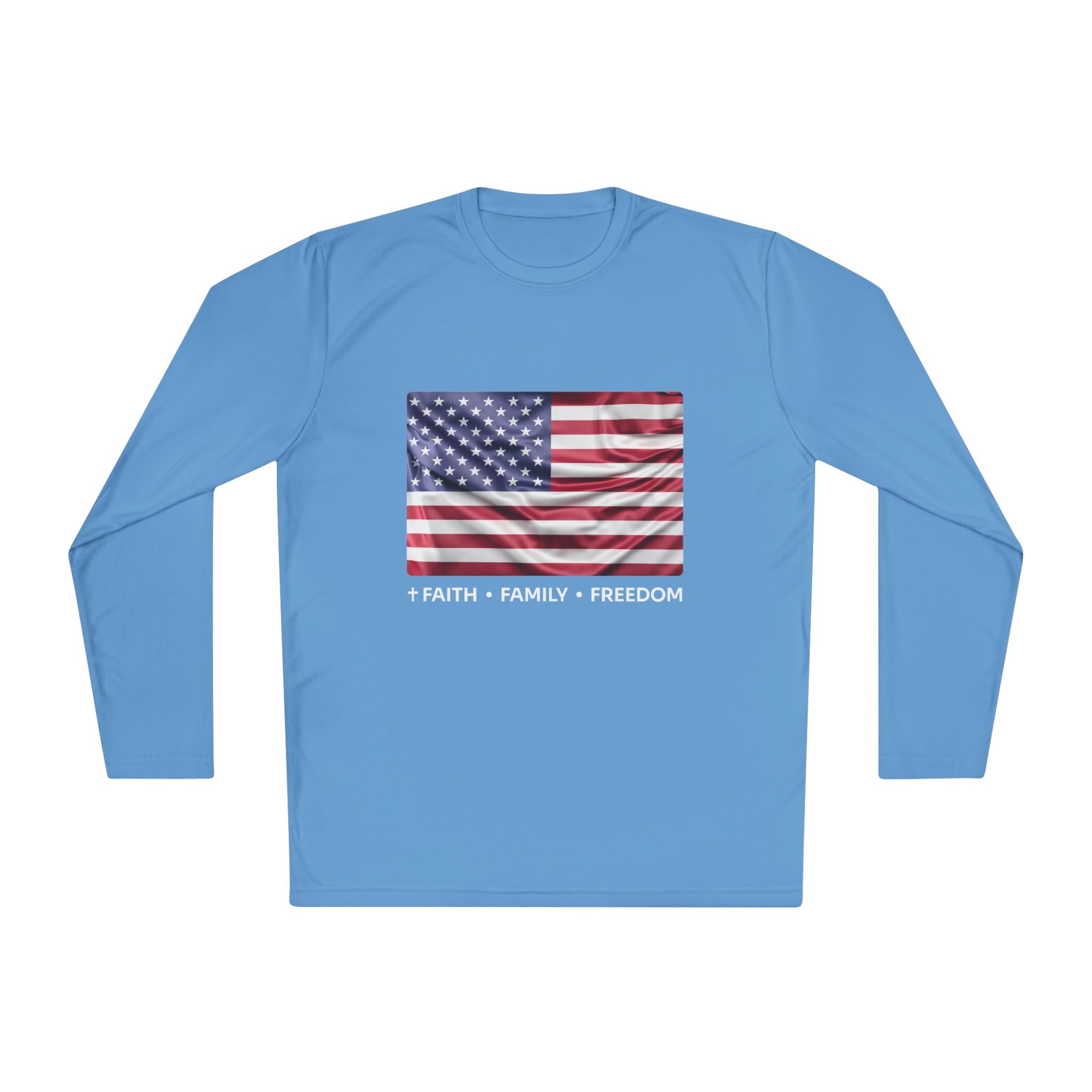 Faith*Family*Freedom Patriotic Long Sleeve Tee, Lightweight USA Flag Shirt, Unisex Tee for Independence Day, Memorial Day, Casual Wear, Gift for Flag Day