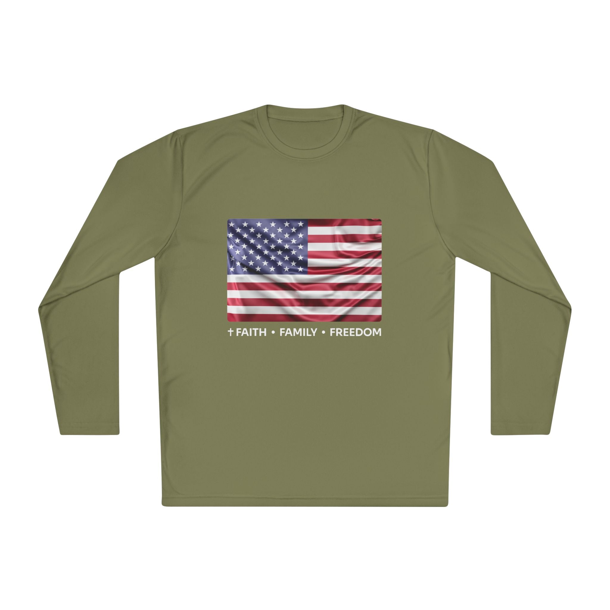 Faith*Family*Freedom Patriotic Long Sleeve Tee, Lightweight USA Flag Shirt, Unisex Tee for Independence Day, Memorial Day, Casual Wear, Gift for Flag Day