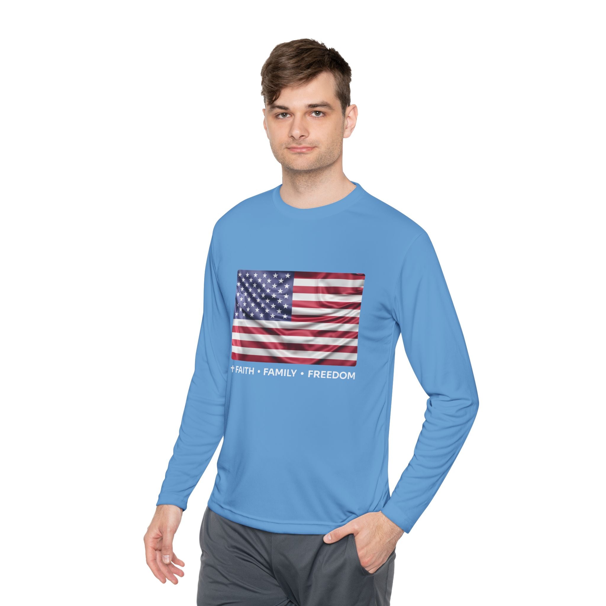 Faith*Family*Freedom Patriotic Long Sleeve Tee, Lightweight USA Flag Shirt, Unisex Tee for Independence Day, Memorial Day, Casual Wear, Gift for Flag Day