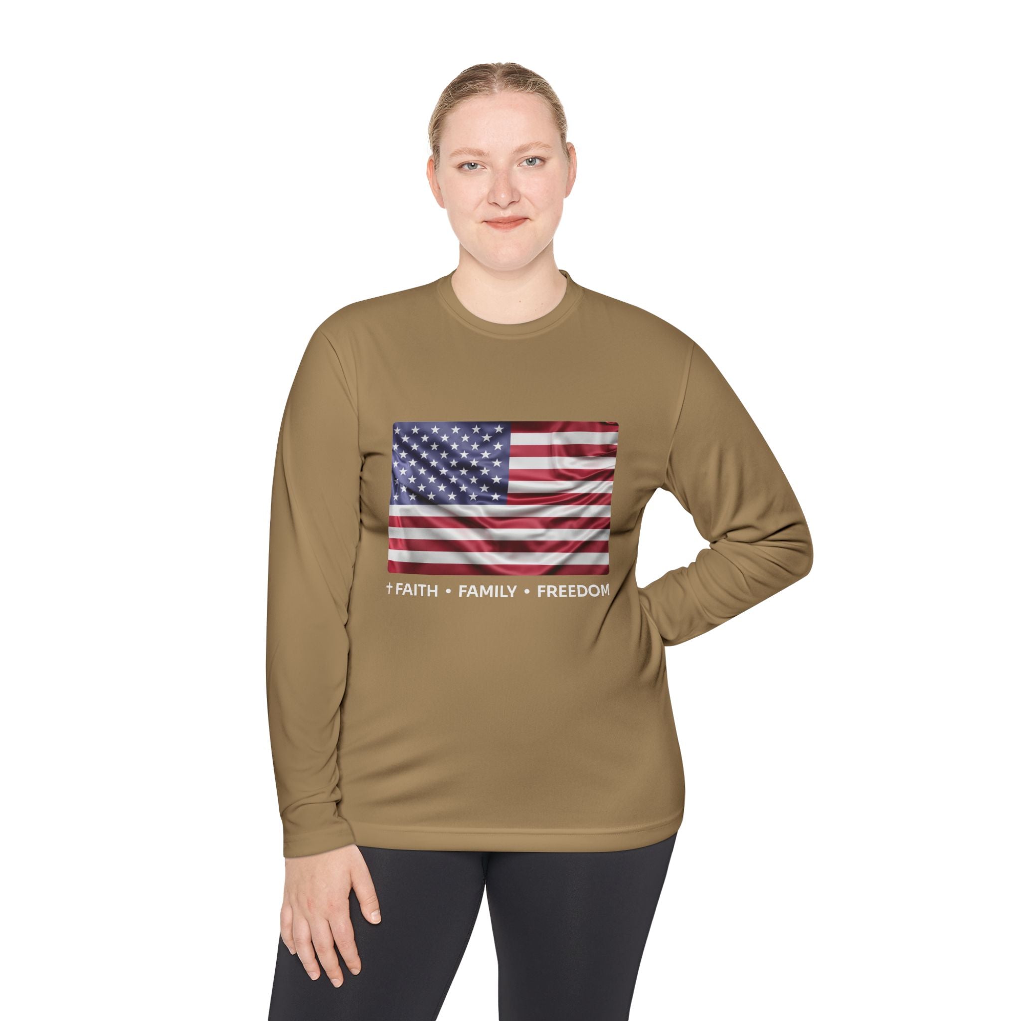 Faith*Family*Freedom Patriotic Long Sleeve Tee, Lightweight USA Flag Shirt, Unisex Tee for Independence Day, Memorial Day, Casual Wear, Gift for Flag Day