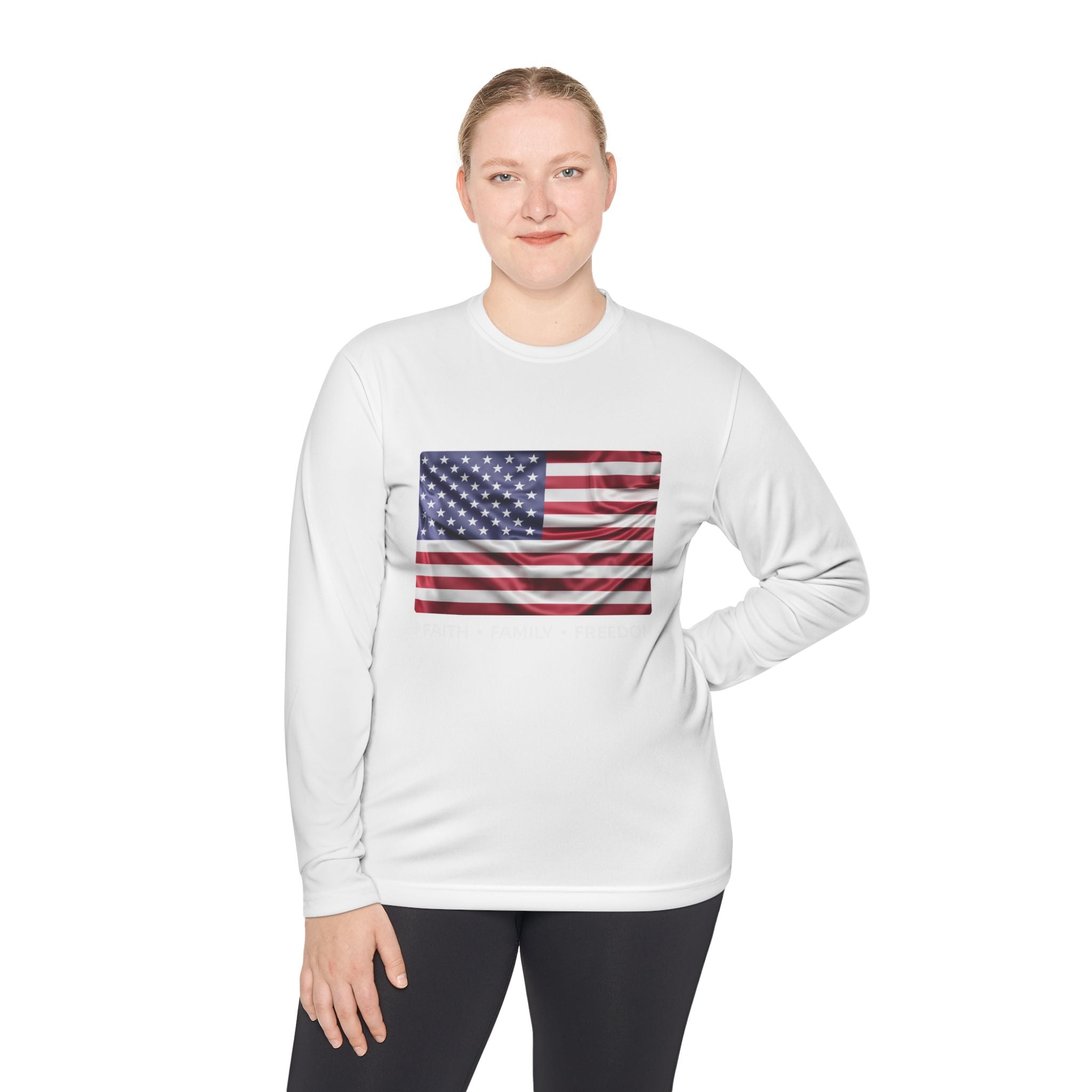 Faith*Family*Freedom Patriotic Long Sleeve Tee, Lightweight USA Flag Shirt, Unisex Tee for Independence Day, Memorial Day, Casual Wear, Gift for Flag Day