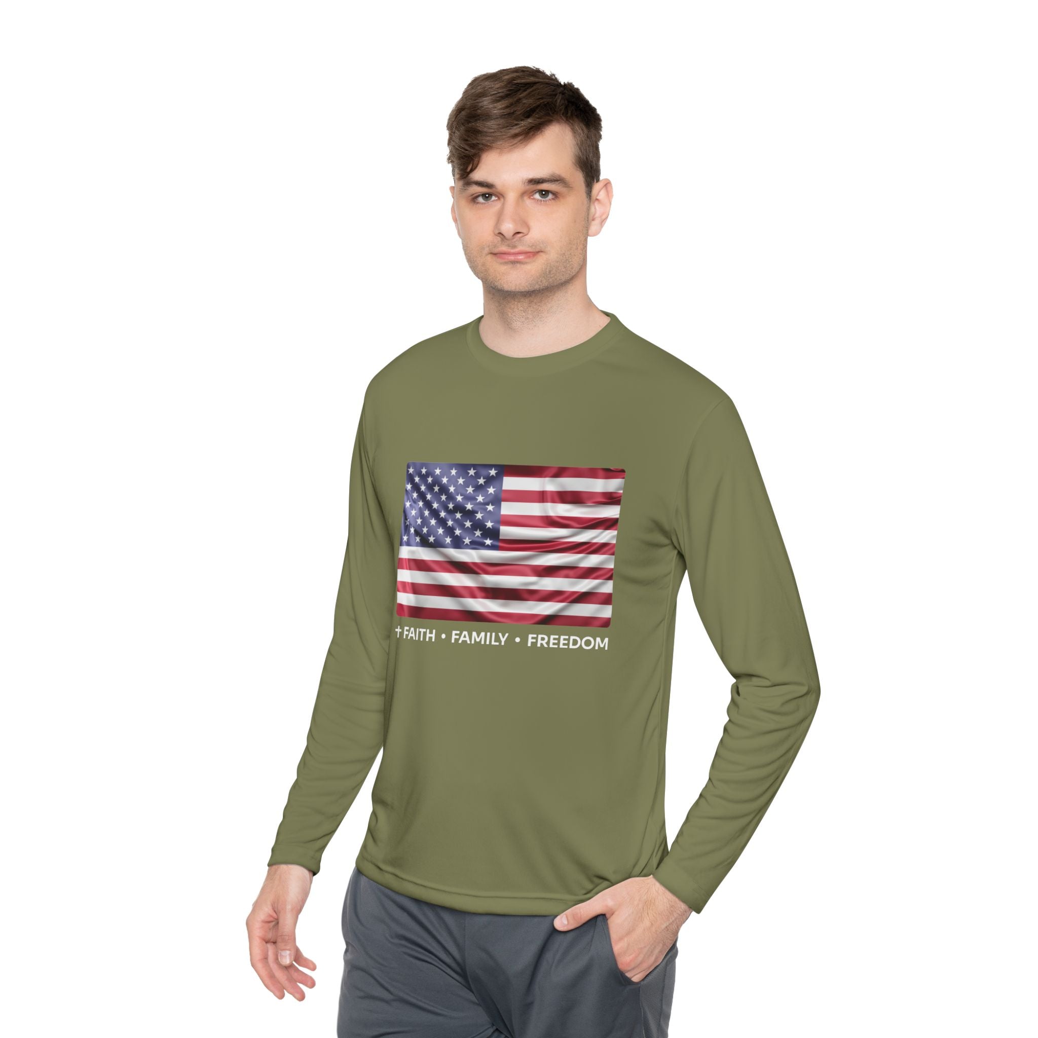 Faith*Family*Freedom Patriotic Long Sleeve Tee, Lightweight USA Flag Shirt, Unisex Tee for Independence Day, Memorial Day, Casual Wear, Gift for Flag Day