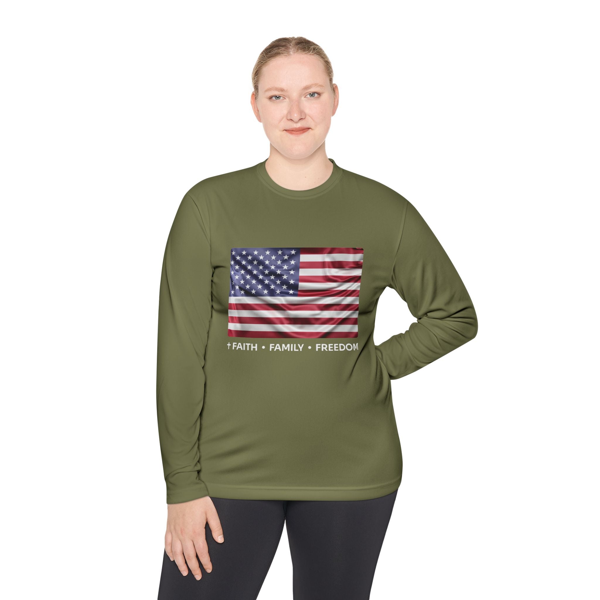 Faith*Family*Freedom Patriotic Long Sleeve Tee, Lightweight USA Flag Shirt, Unisex Tee for Independence Day, Memorial Day, Casual Wear, Gift for Flag Day