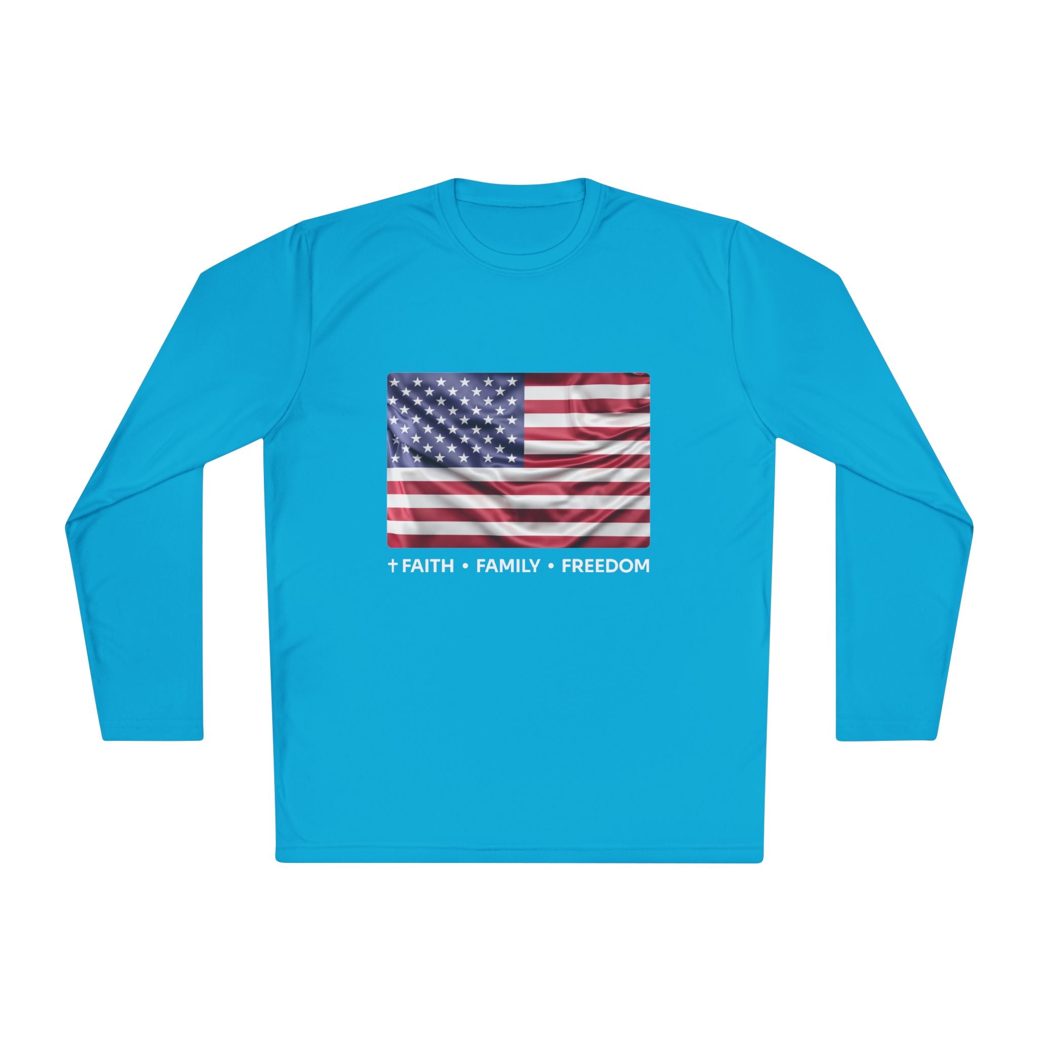 Faith*Family*Freedom Patriotic Long Sleeve Tee, Lightweight USA Flag Shirt, Unisex Tee for Independence Day, Memorial Day, Casual Wear, Gift for Flag Day