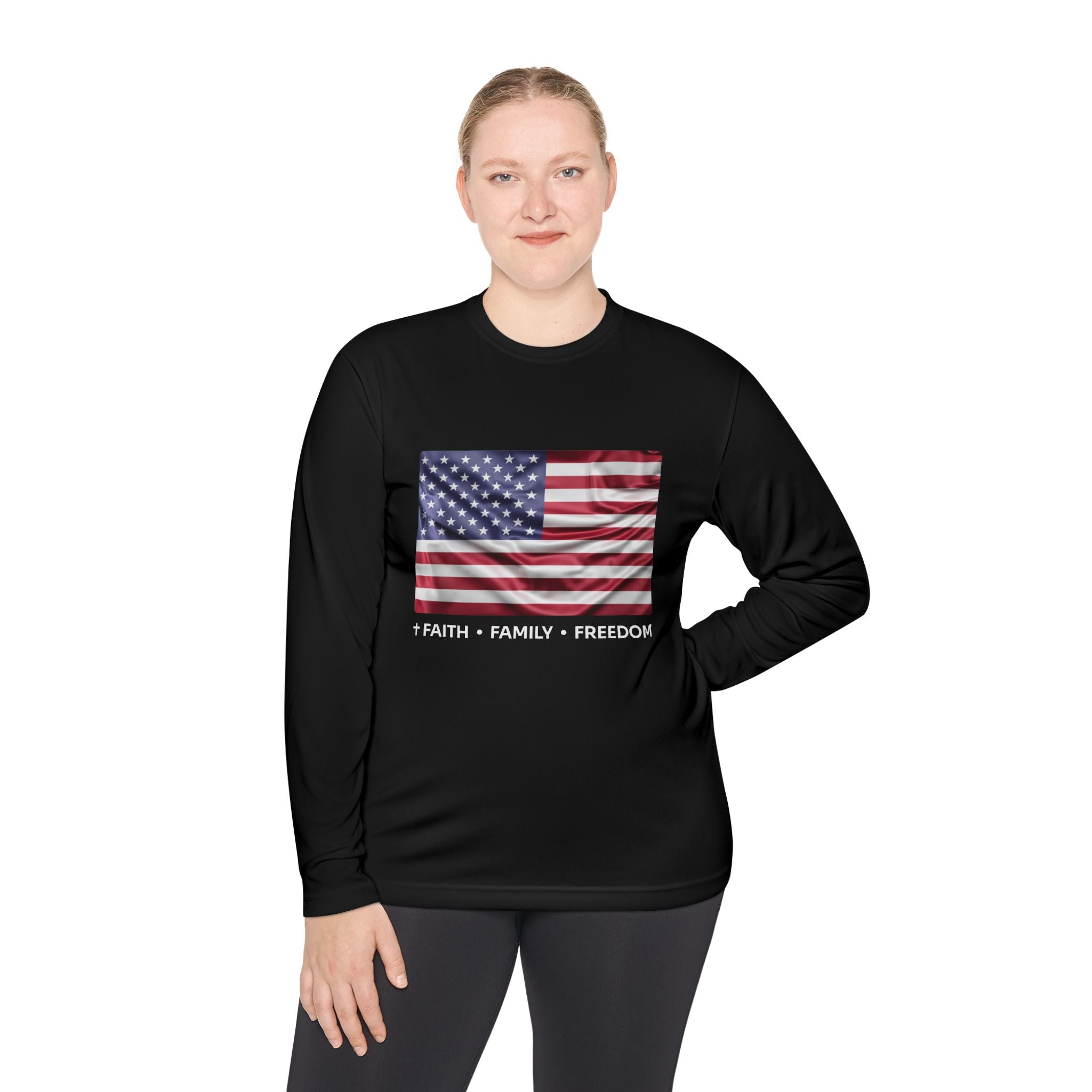 Faith*Family*Freedom Patriotic Long Sleeve Tee, Lightweight USA Flag Shirt, Unisex Tee for Independence Day, Memorial Day, Casual Wear, Gift for Flag Day