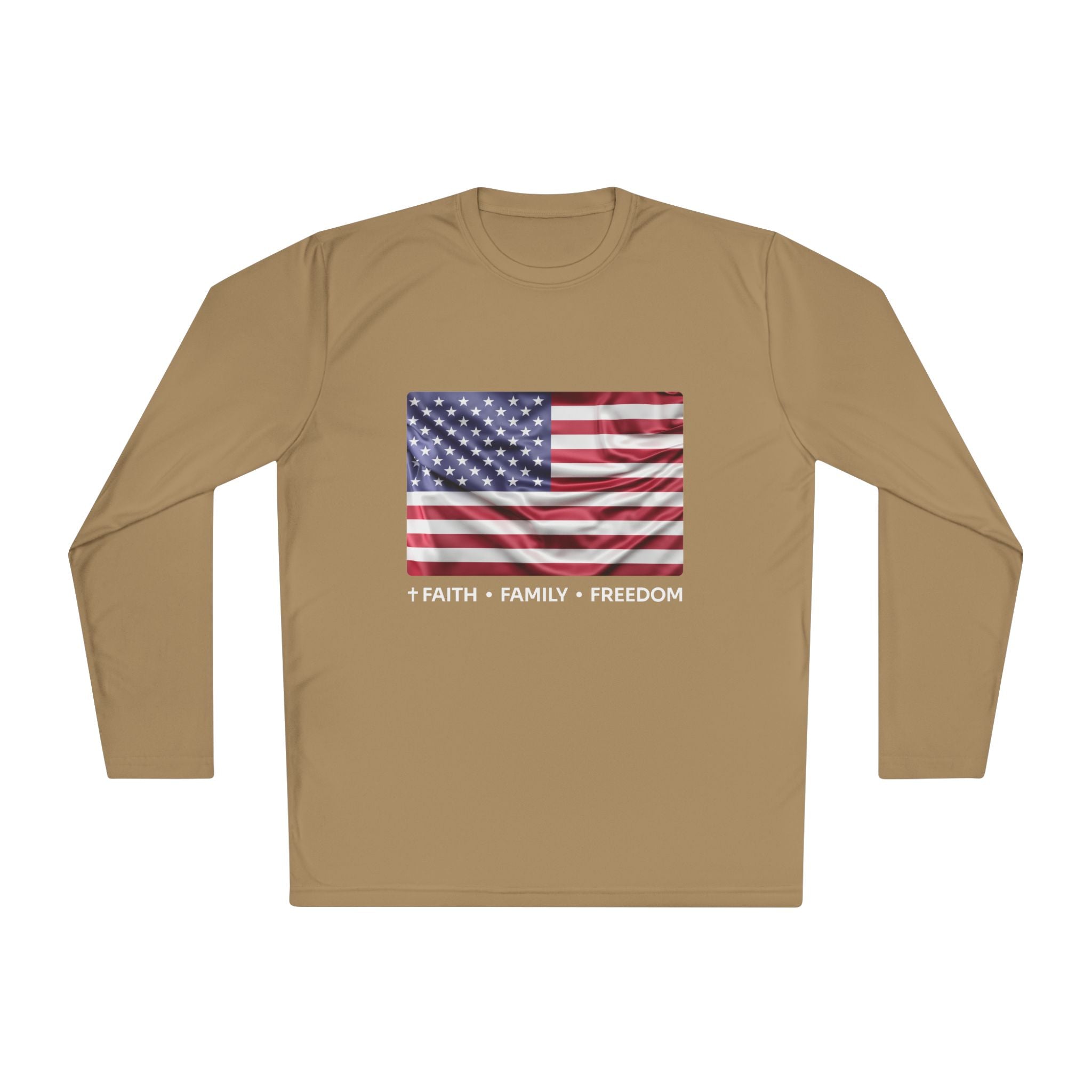 Faith*Family*Freedom Patriotic Long Sleeve Tee, Lightweight USA Flag Shirt, Unisex Tee for Independence Day, Memorial Day, Casual Wear, Gift for Flag Day