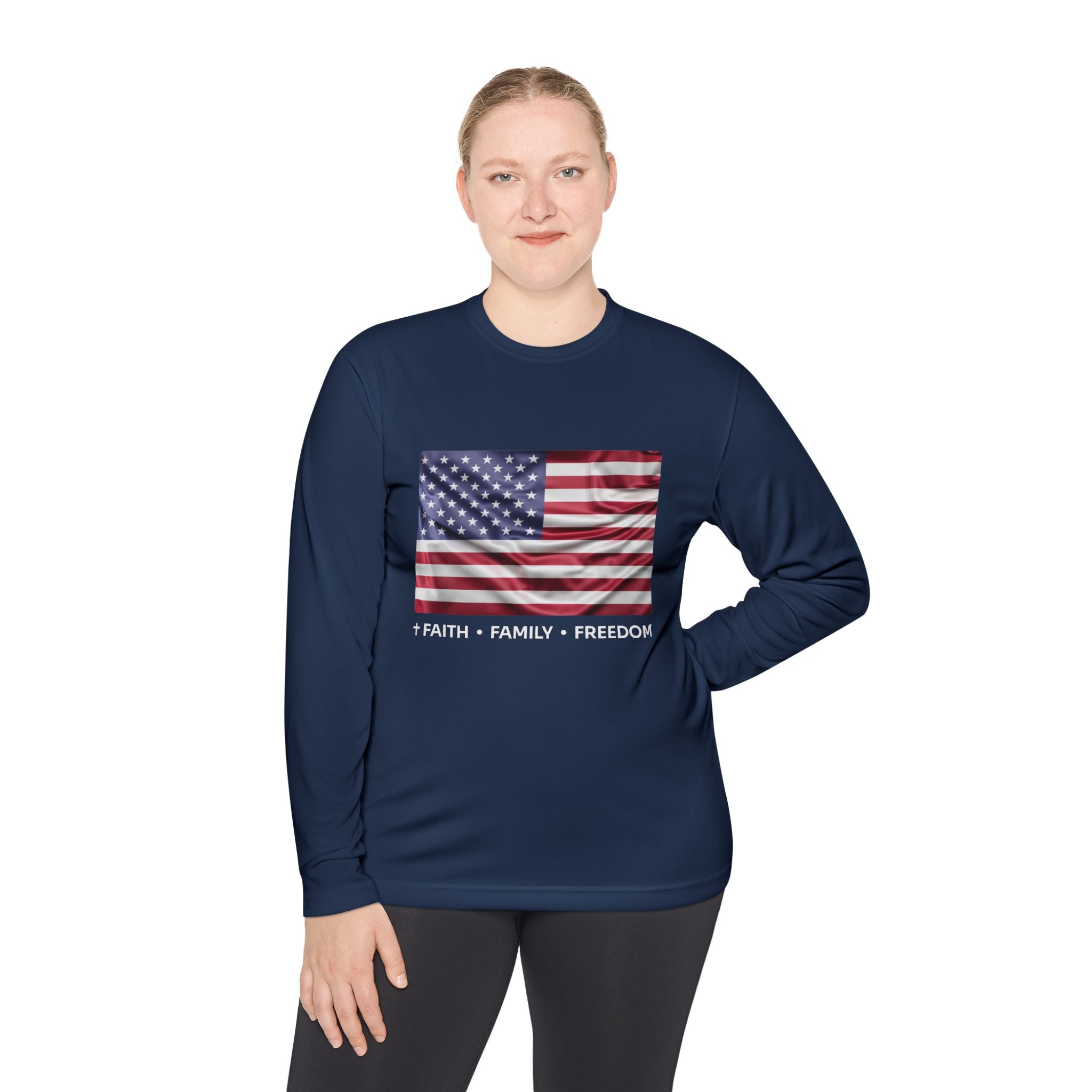 Faith*Family*Freedom Patriotic Long Sleeve Tee, Lightweight USA Flag Shirt, Unisex Tee for Independence Day, Memorial Day, Casual Wear, Gift for Flag Day