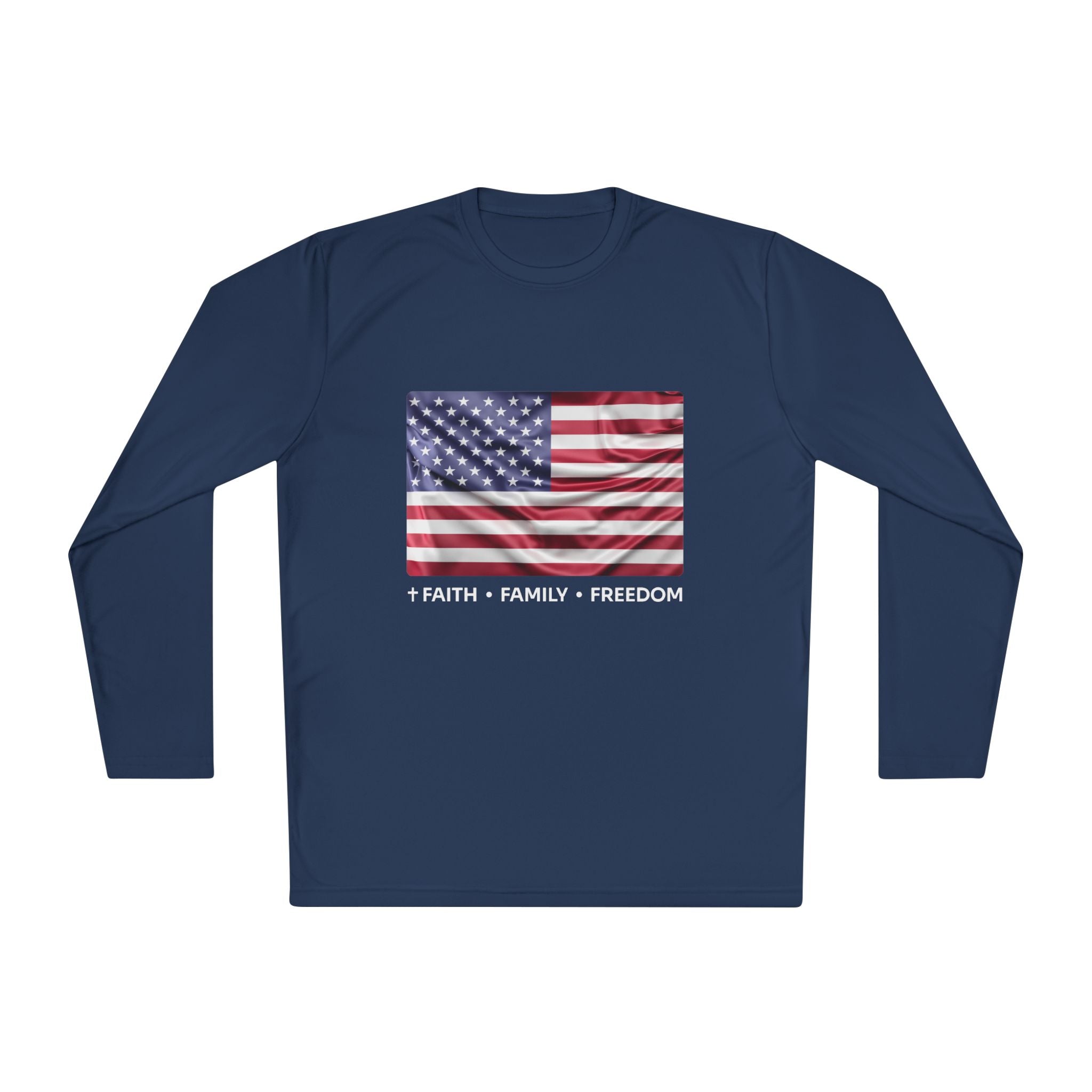 Faith*Family*Freedom Patriotic Long Sleeve Tee, Lightweight USA Flag Shirt, Unisex Tee for Independence Day, Memorial Day, Casual Wear, Gift for Flag Day