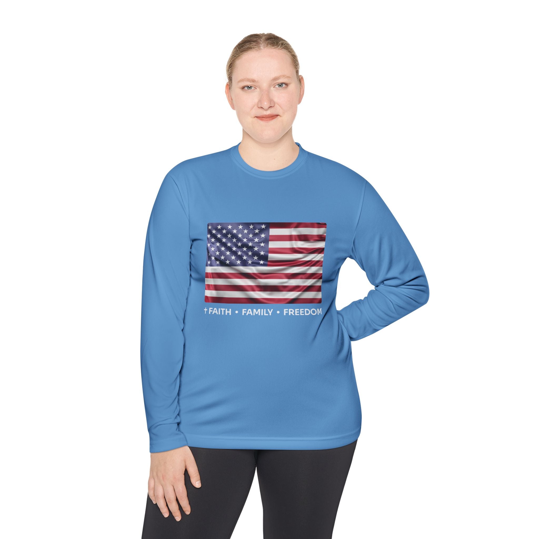 Faith*Family*Freedom Patriotic Long Sleeve Tee, Lightweight USA Flag Shirt, Unisex Tee for Independence Day, Memorial Day, Casual Wear, Gift for Flag Day