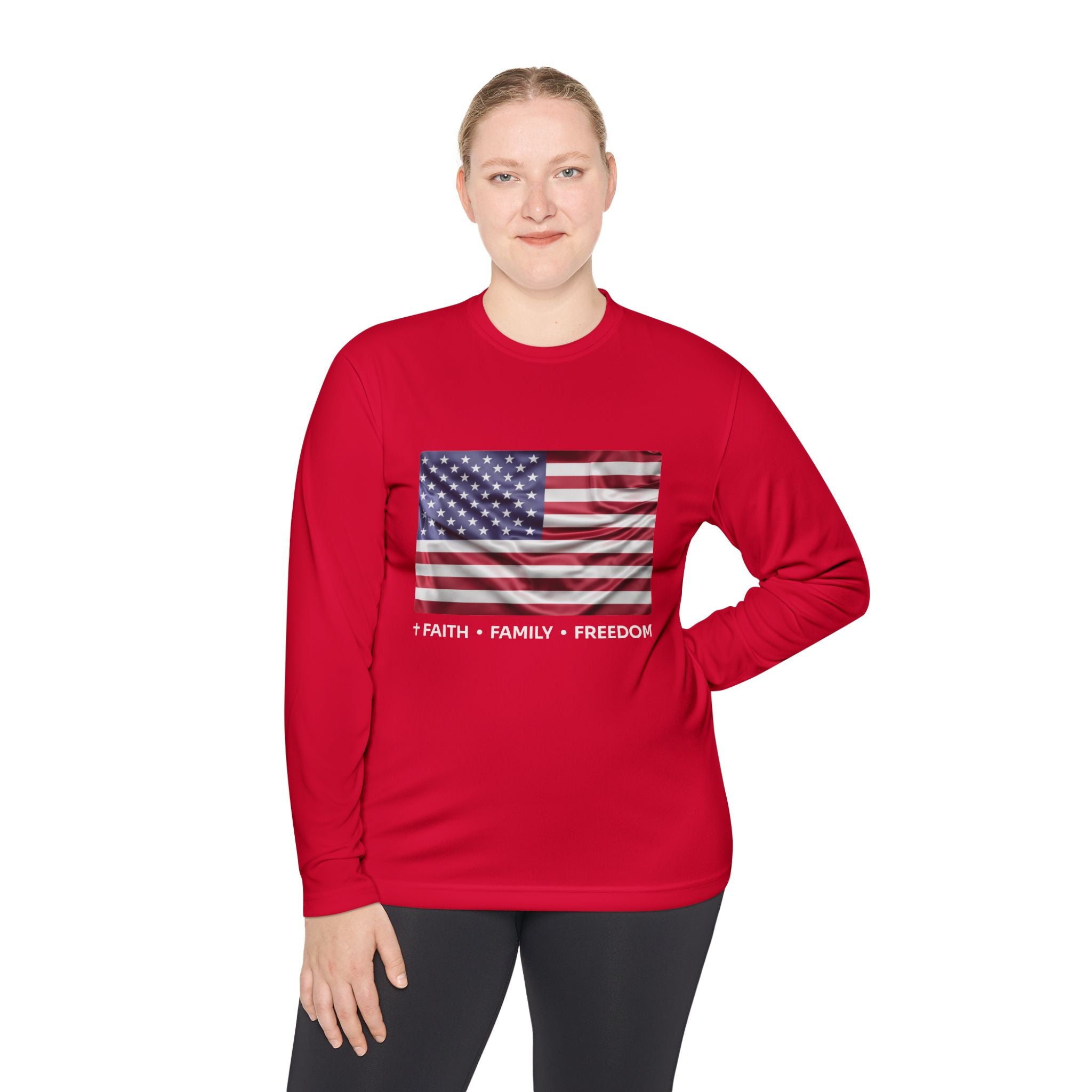 Faith*Family*Freedom Patriotic Long Sleeve Tee, Lightweight USA Flag Shirt, Unisex Tee for Independence Day, Memorial Day, Casual Wear, Gift for Flag Day