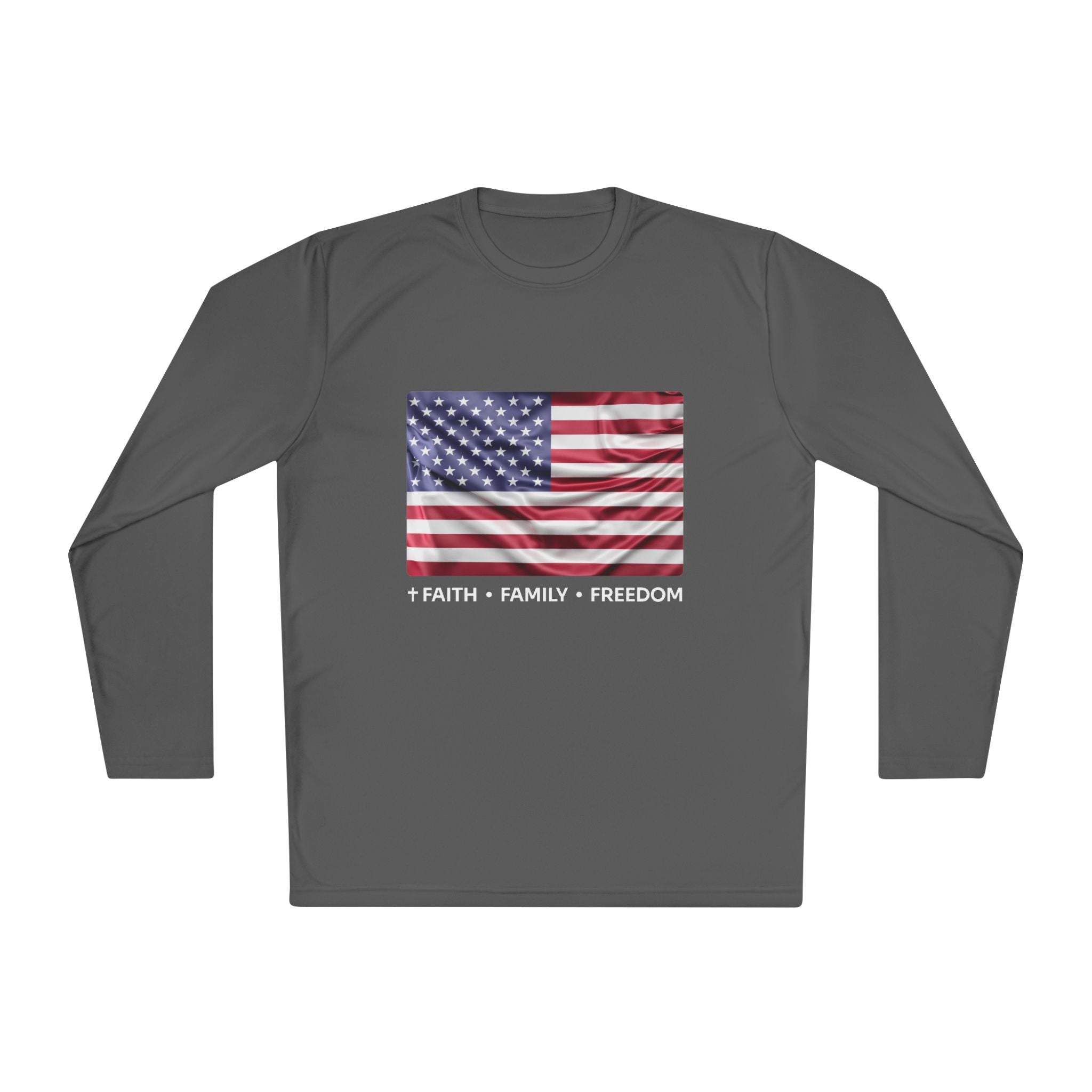 Faith*Family*Freedom Patriotic Long Sleeve Tee, Lightweight USA Flag Shirt, Unisex Tee for Independence Day, Memorial Day, Casual Wear, Gift for Flag Day