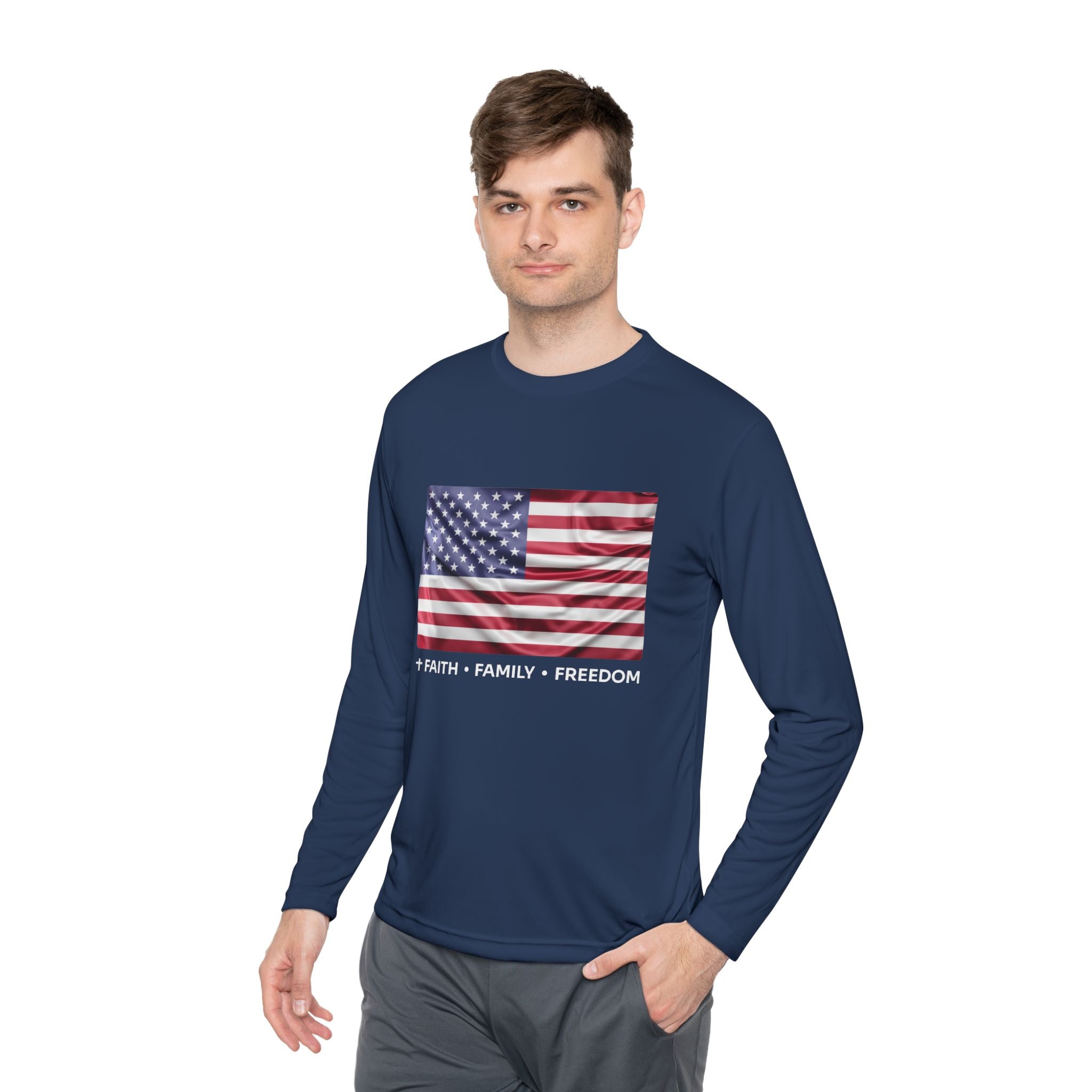 Faith*Family*Freedom Patriotic Long Sleeve Tee, Lightweight USA Flag Shirt, Unisex Tee for Independence Day, Memorial Day, Casual Wear, Gift for Flag Day