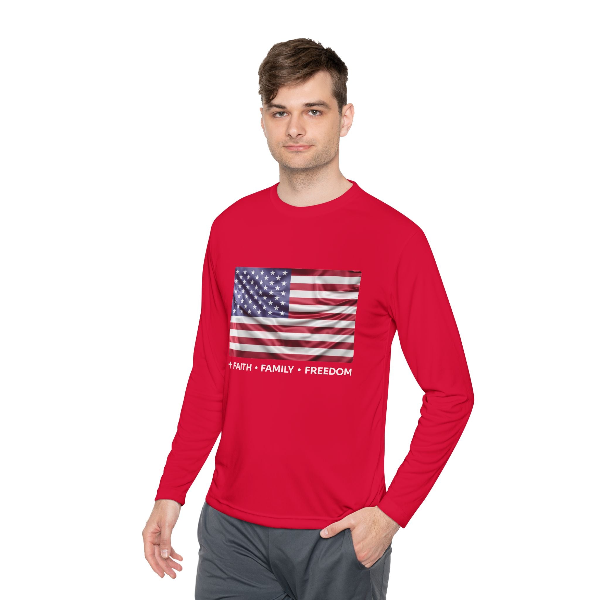 Faith*Family*Freedom Patriotic Long Sleeve Tee, Lightweight USA Flag Shirt, Unisex Tee for Independence Day, Memorial Day, Casual Wear, Gift for Flag Day