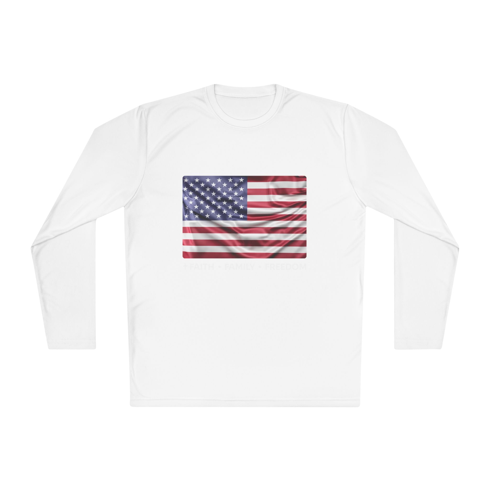 Faith*Family*Freedom Patriotic Long Sleeve Tee, Lightweight USA Flag Shirt, Unisex Tee for Independence Day, Memorial Day, Casual Wear, Gift for Flag Day