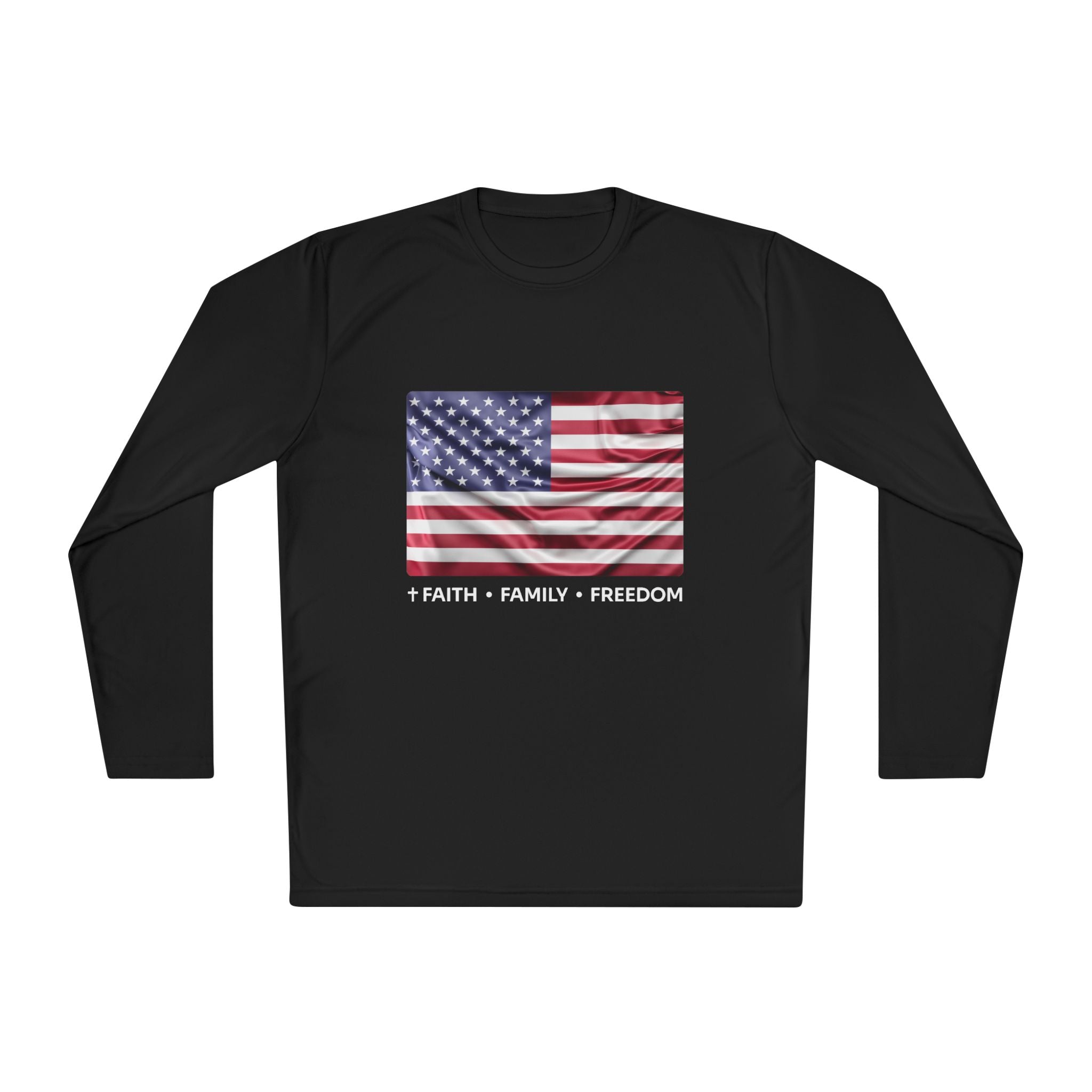 Faith*Family*Freedom Patriotic Long Sleeve Tee, Lightweight USA Flag Shirt, Unisex Tee for Independence Day, Memorial Day, Casual Wear, Gift for Flag Day