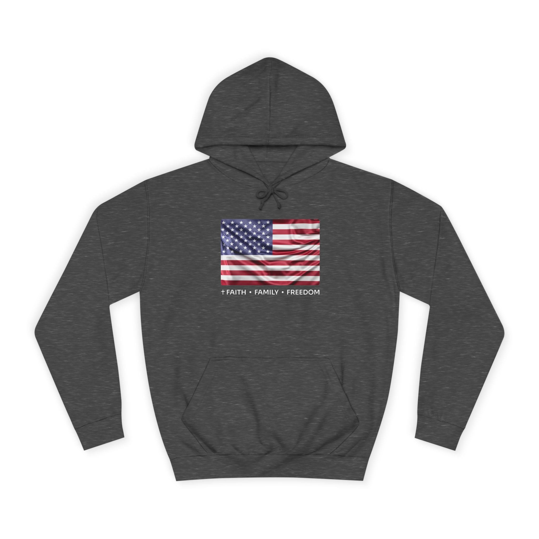 Faith*Family*Freedom Patriotic College Hoodie with American Flag Design | Unisex Hooded Sweatshirt for Students, Gifts, Independence Day, Campus Wear
