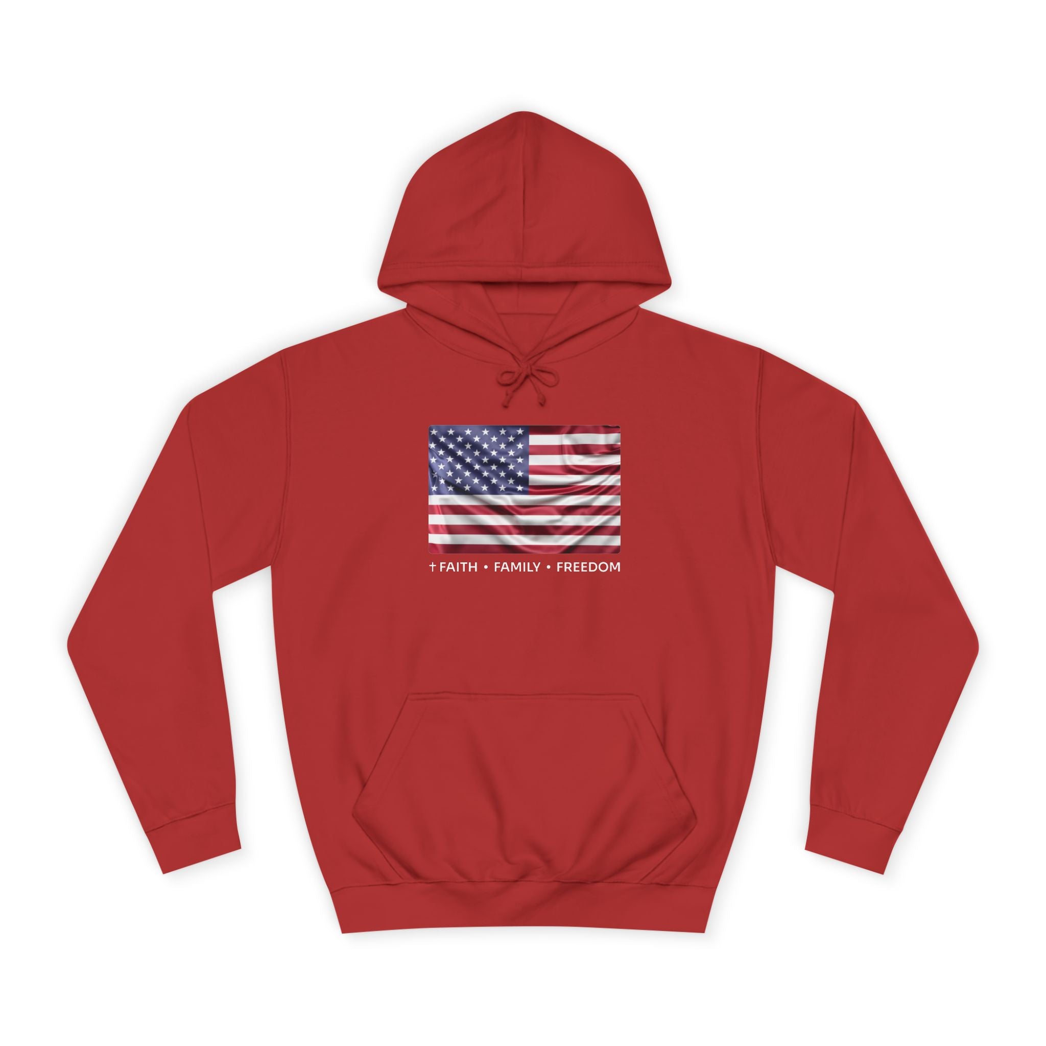 Faith*Family*Freedom Patriotic College Hoodie with American Flag Design | Unisex Hooded Sweatshirt for Students, Gifts, Independence Day, Campus Wear