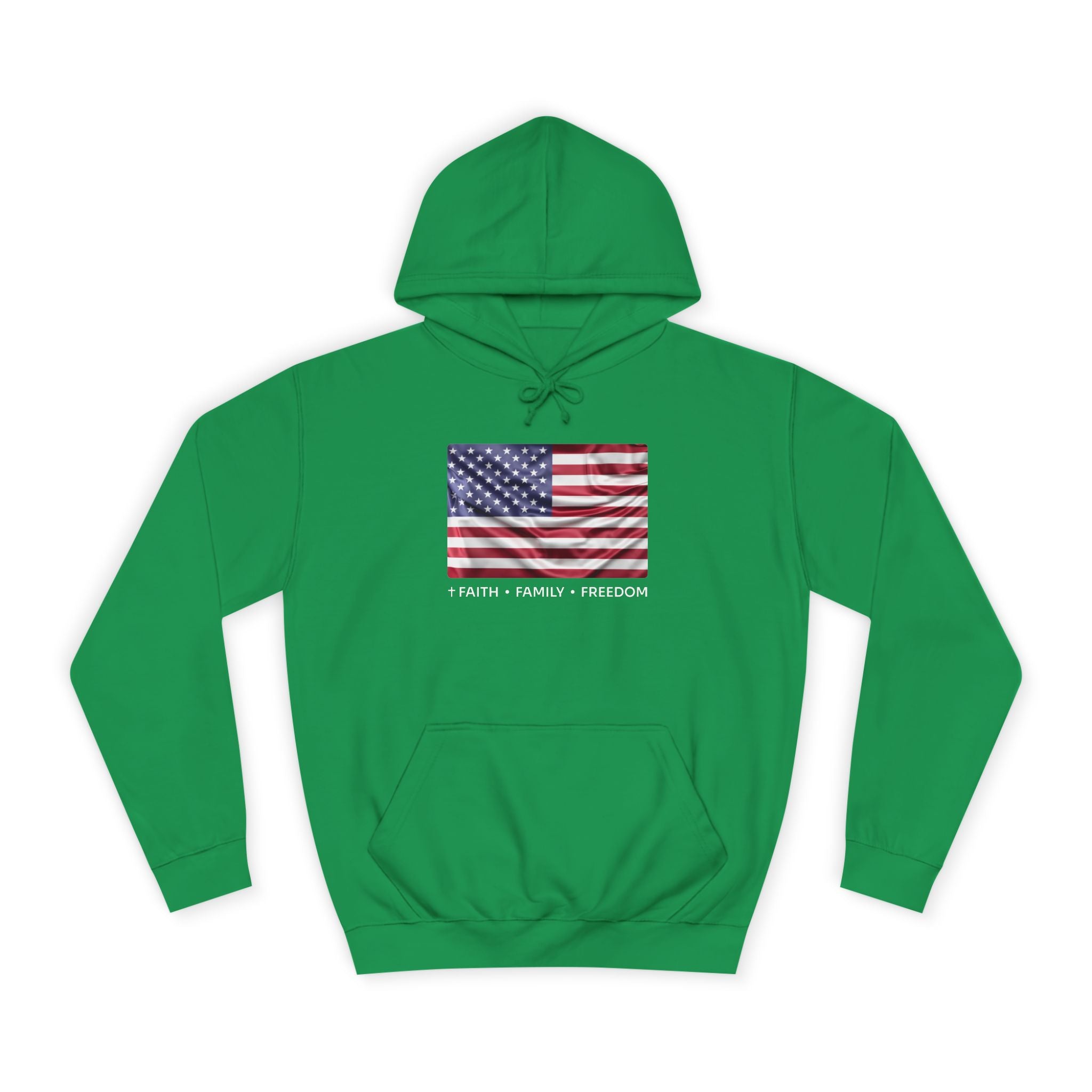 Faith*Family*Freedom Patriotic College Hoodie with American Flag Design | Unisex Hooded Sweatshirt for Students, Gifts, Independence Day, Campus Wear