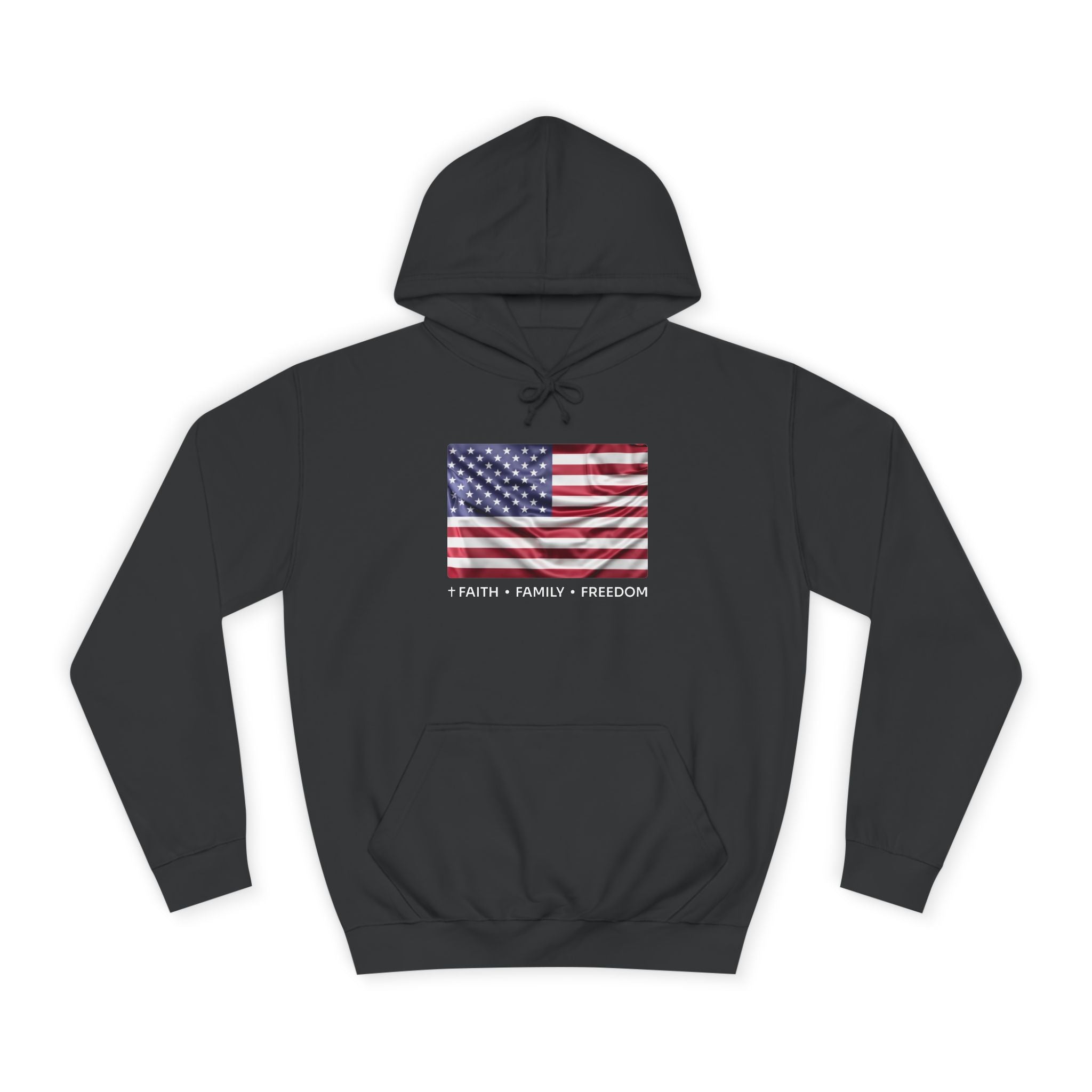 Faith*Family*Freedom Patriotic College Hoodie with American Flag Design | Unisex Hooded Sweatshirt for Students, Gifts, Independence Day, Campus Wear