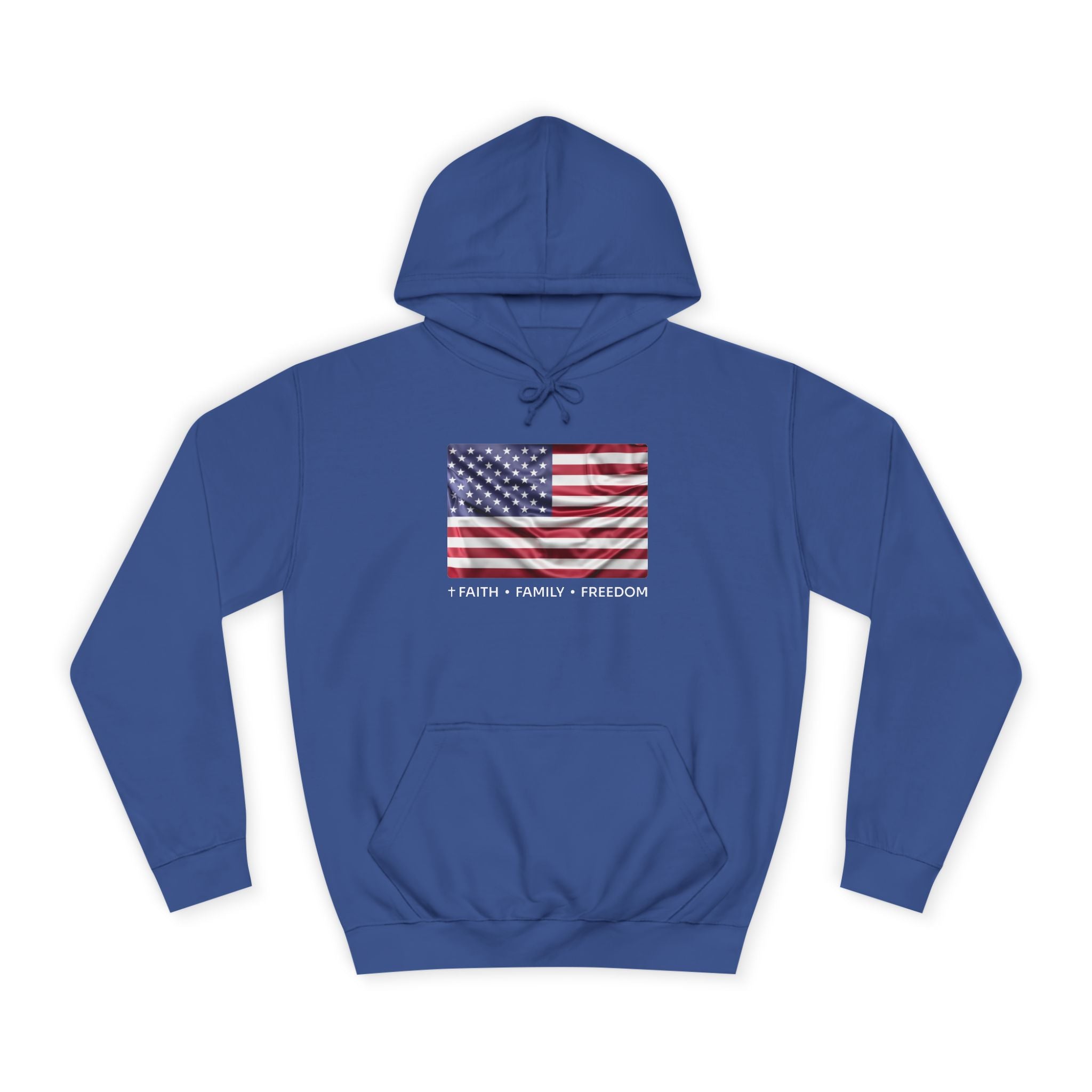 Faith*Family*Freedom Patriotic College Hoodie with American Flag Design | Unisex Hooded Sweatshirt for Students, Gifts, Independence Day, Campus Wear