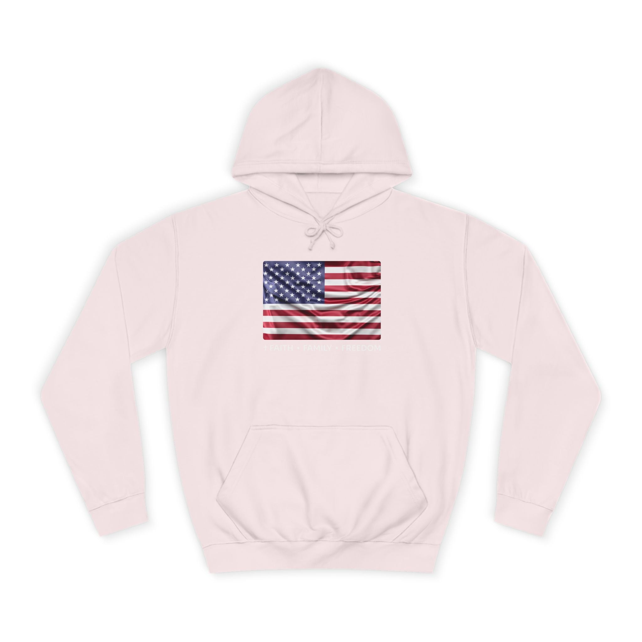 Faith*Family*Freedom Patriotic College Hoodie with American Flag Design | Unisex Hooded Sweatshirt for Students, Gifts, Independence Day, Campus Wear