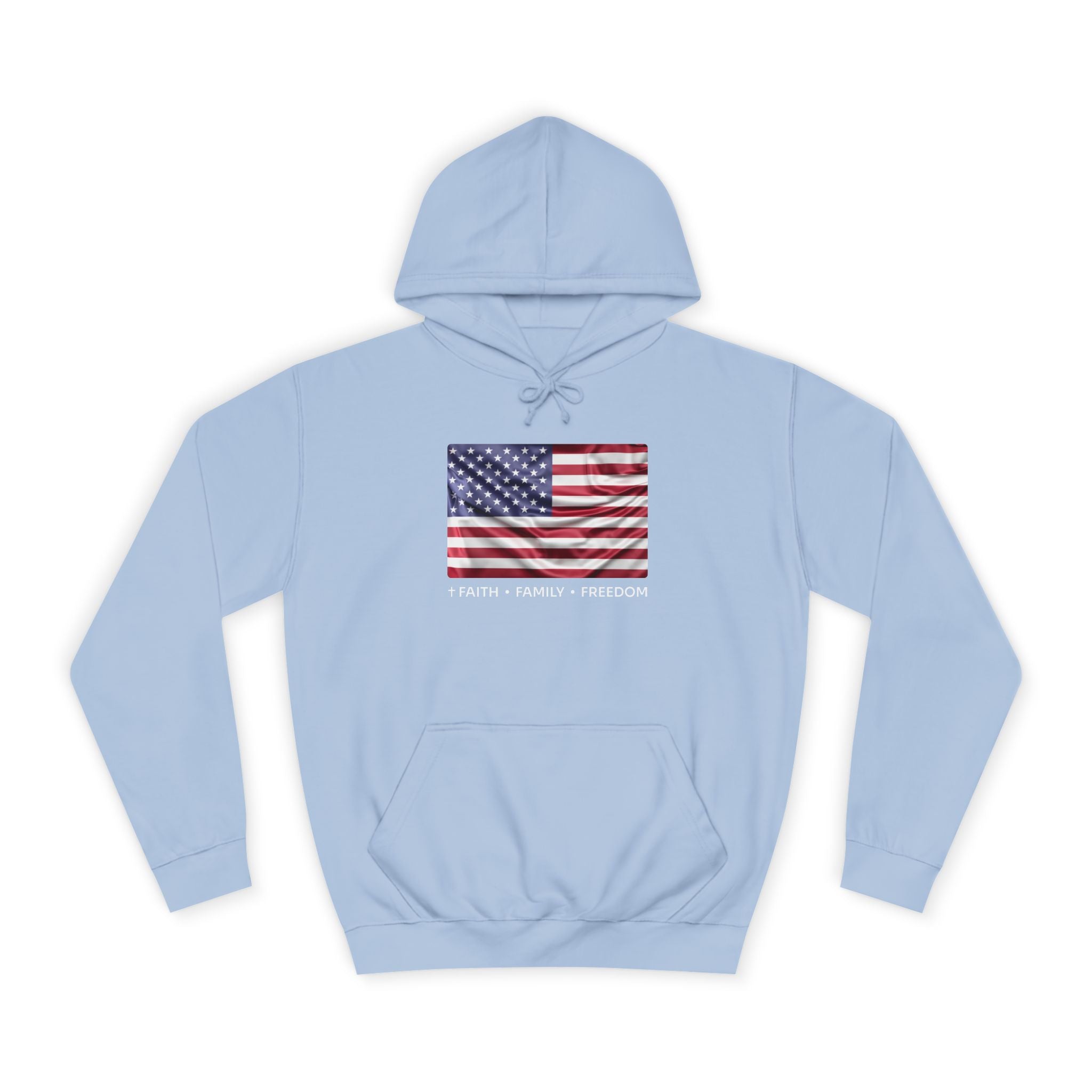 Faith*Family*Freedom Patriotic College Hoodie with American Flag Design | Unisex Hooded Sweatshirt for Students, Gifts, Independence Day, Campus Wear